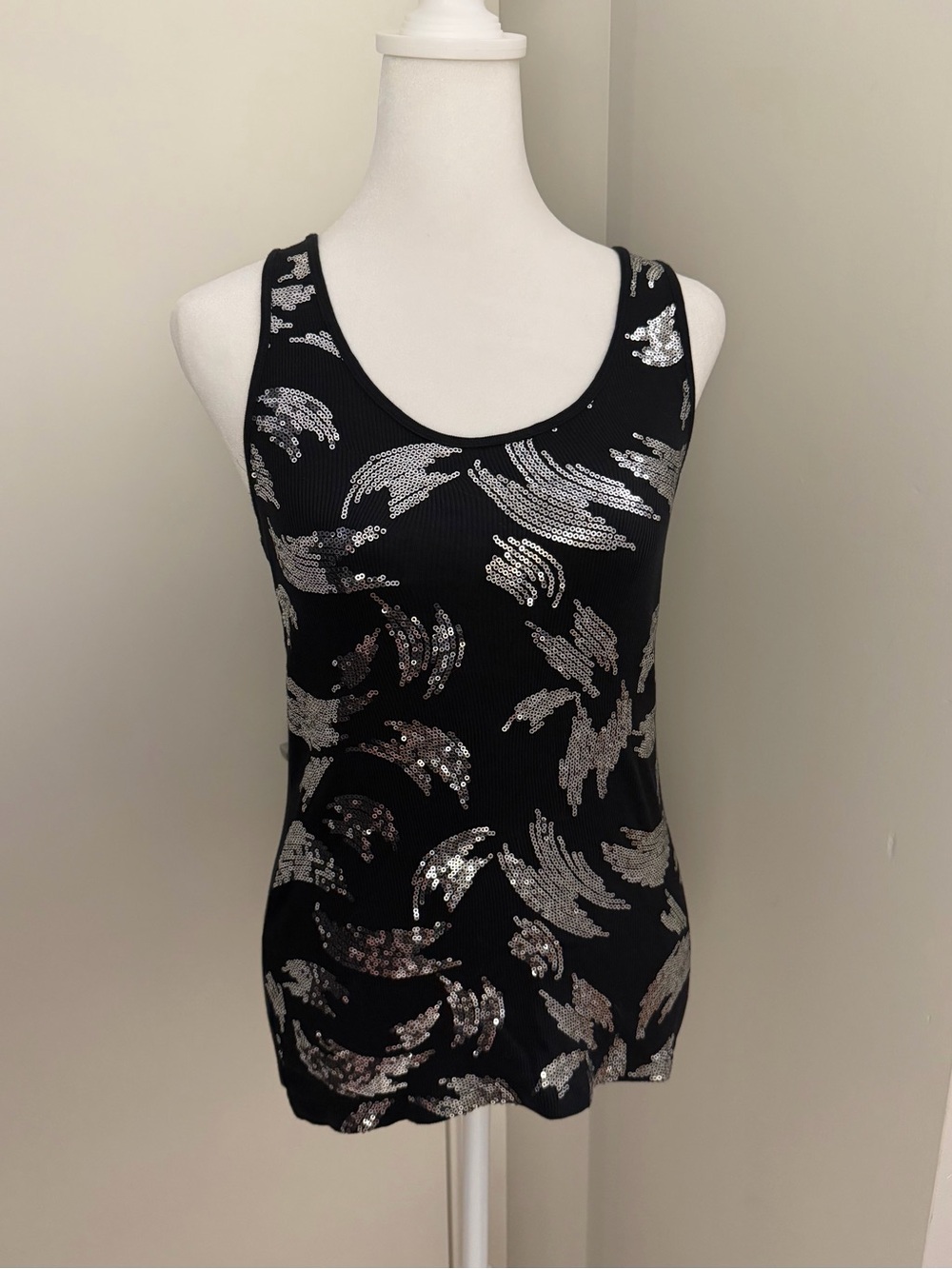 Y2K Express Black Ribbed Tank Top with Silver Sequin Print Pima Cotton